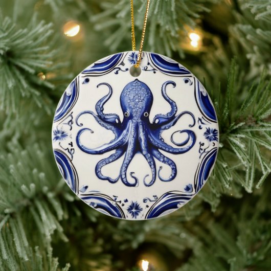 Octopus Blauw en Wit Zee Ocean thema Beach House Keramisch Ornament (Boom)