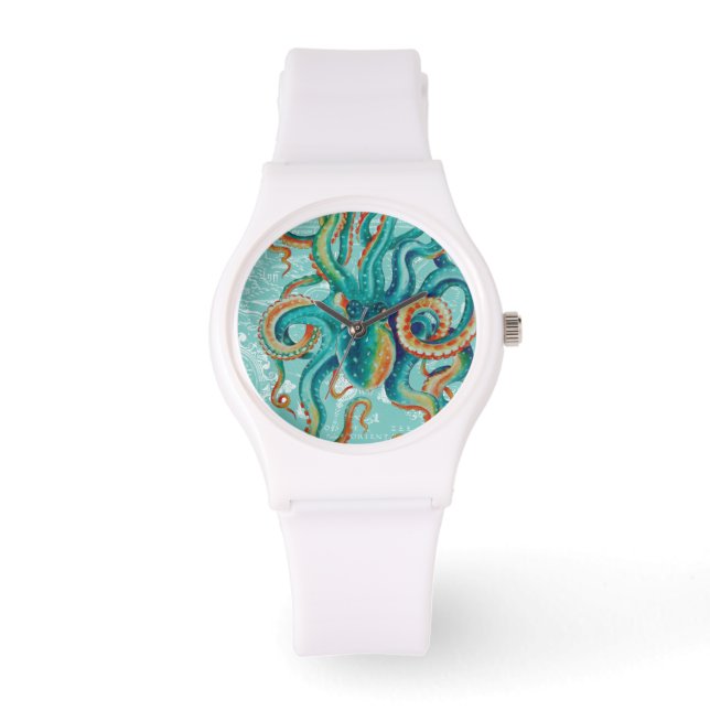 Octopus Blauwgroen Waterverf  kaart Horloge (Voorkant)