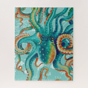 Octopus Blauwgroen Waterverf kaart Legpuzzel