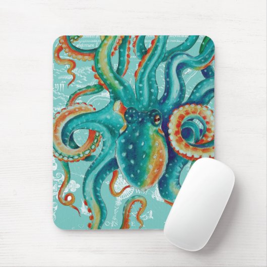 Octopus Blauwgroen Waterverf kaart Muismat (Met muis)