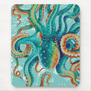 Octopus Blauwgroen Waterverf kaart Muismat