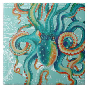 Octopus Blauwgroen Waterverf kaart Tegeltje