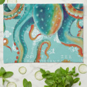 Octopus Blauwgroen Waterverf  kaart Theedoek (Gevouwen)