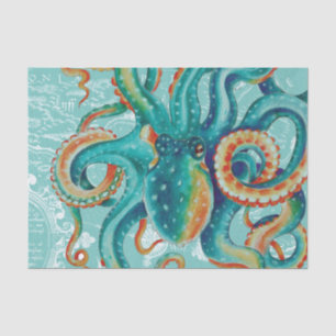 Octopus Blauwgroen Waterverf kaart Tissuepapier