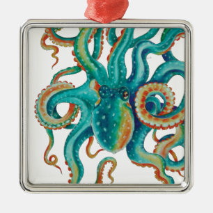 Octopus Blauwgroen Waterverf Tentakels Waterverf Metalen Ornament