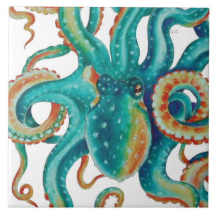 Octopus Blauwgroen Waterverf Tentakels Waterverf Tegeltje