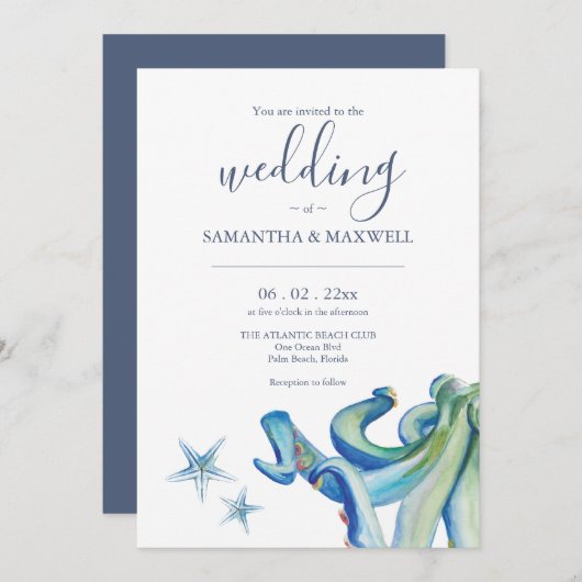 Octopus bleu Faire-part de mariage (Devant / Derrière)