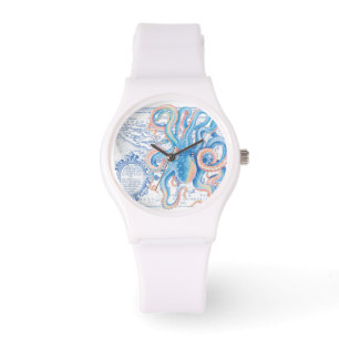 Octopus Blue  Map grafische Waterverf Horloge