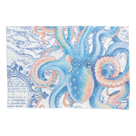 Octopus Blue Map grafische Waterverf Kussensloop (Voorkant)