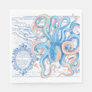Octopus Blue  Map grafische Waterverf Servet