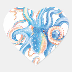 Octopus Blue Waterverf Art Hart Sticker