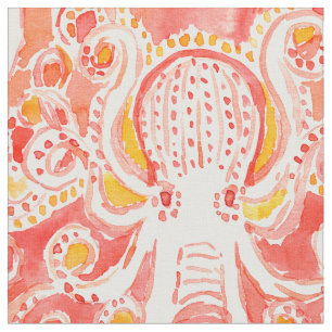 OCTOPUS Coral Nautical Whimsical Waterverf Print Stof