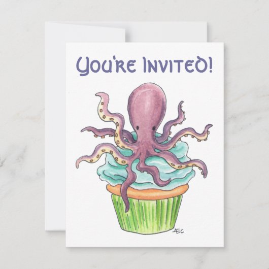  Octopus Cupcake Birthday Invite Kaart (Voorkant)