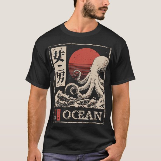 Octopus Deep Ocean Japanse Rode Zon Marine Art T-shirt (Voorkant)