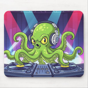 Octopus DJ met draaitafels – Neon Feest Cartoon Muismat
