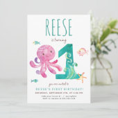 Octopus eerste verjaardag uitnodiging (Staand voorkant)