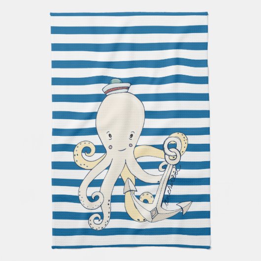 Octopus en Anchor Blue en White Stripe Towel Theedoek (Verticaal)