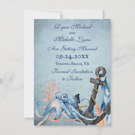 Octopus en Anchor Nautical Beach Wedding Save The Date (Achterkant)
