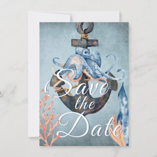 Octopus en Anchor Nautical Beach Wedding Save The Date (Voorkant)