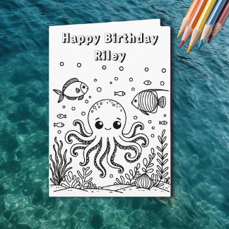 Octopus en vis | Kind Verjaardag kleurplaat Kaart