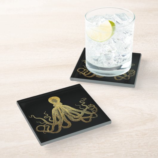 Octopus Gold Black Inkt Kustanaal Nautisch Glazen Onderzetter (Schuin)