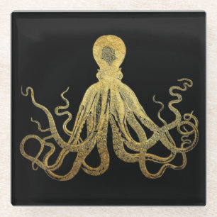  Octopus Gold Black Inkt Kustanaal Nautisch Glazen Onderzetter