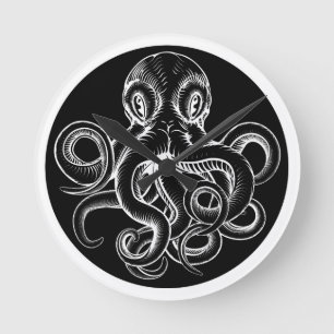 Octopus  houtsnipsel met ingegraveerde etstijl ronde klok