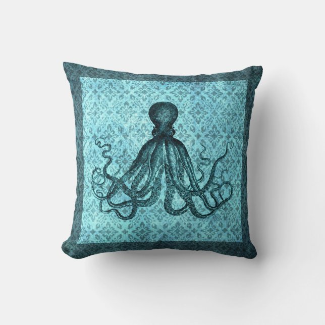 Octopus in het Blauwgroen op Damask Kussen (Voorkant)