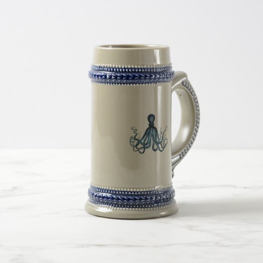 Octopus kraken nautische kuststrook strand blauw bierpul (Voorkant rechts)