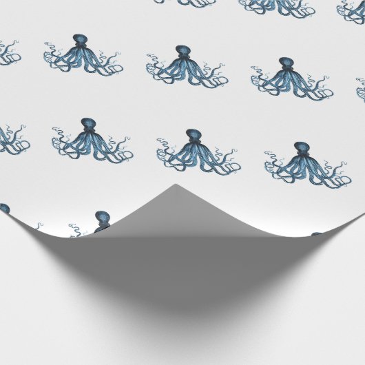 Octopus kraken nautische kuststrook strand blauw cadeaupapier (Hoek)
