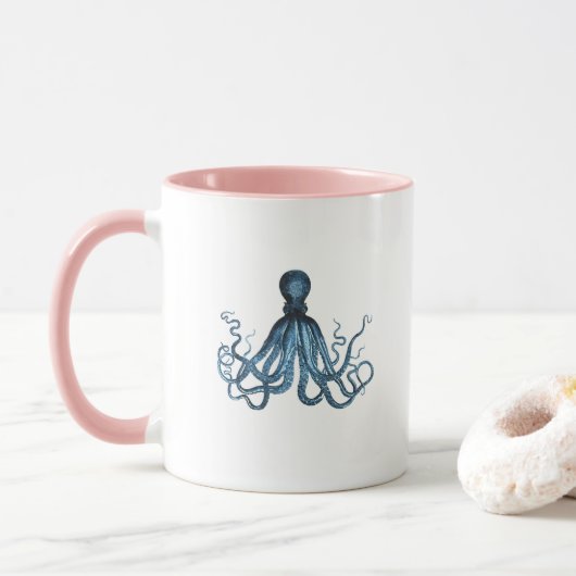 Octopus kraken nautische kuststrook strand blauw mok (Met donut)