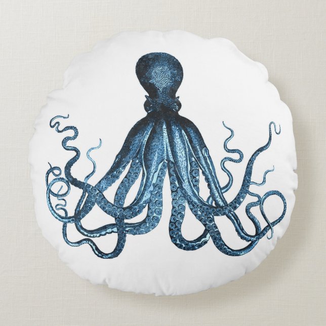 Octopus kraken nautische kuststrook strand blauw rond kussen (Voorkant)