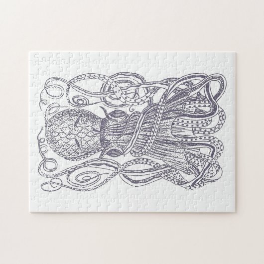 Octopus Line Art Drawing Block Print in Paars Legpuzzel (Horizontaal)