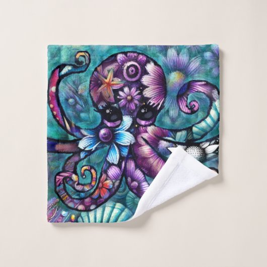 Octopus lunaire Floral Turquoise Purple Bleu Côte (Gant de toilette)