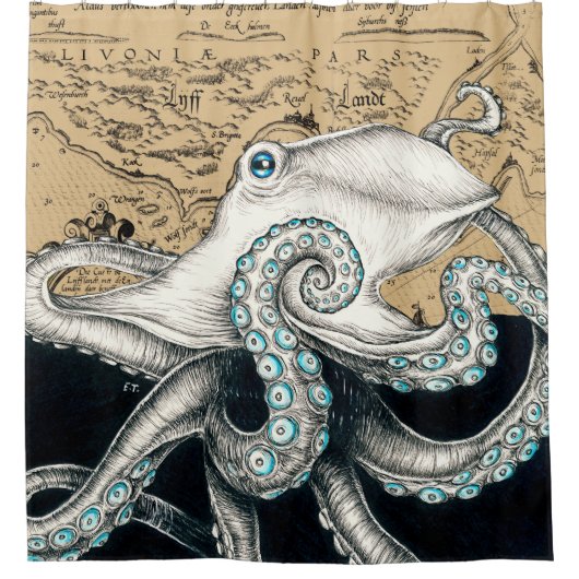 Octopus  Map Beige Douchegordijn (Voorkant)