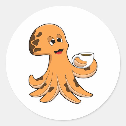 Octopus met beker koffie ronde sticker (Voorkant)