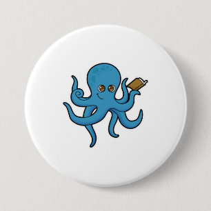 Octopus met boek ronde button 7,6 cm