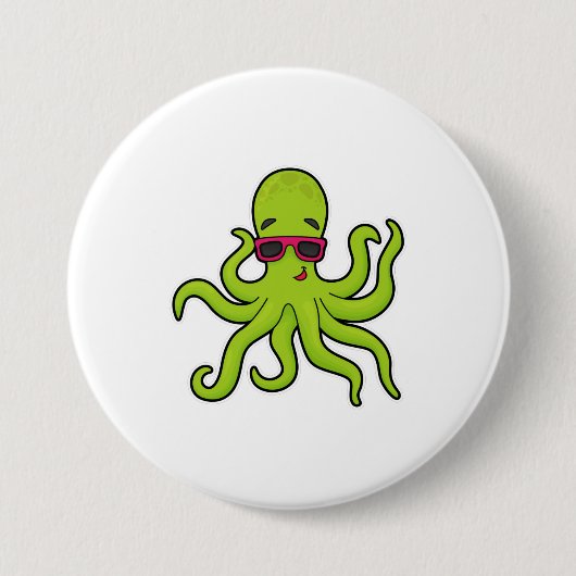 Octopus met zonnebril ronde button 7,6 cm (Voorkant)