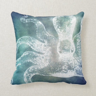 Octopus Midnight Blue Blauwgroen Waterverf kunst Kussen