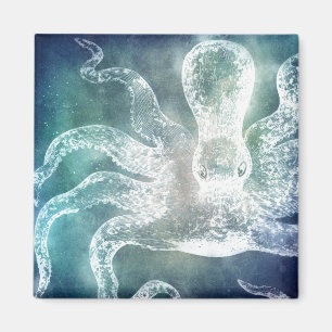 Octopus Midnight Blue Blauwgroen Waterverf  kunst Magneet