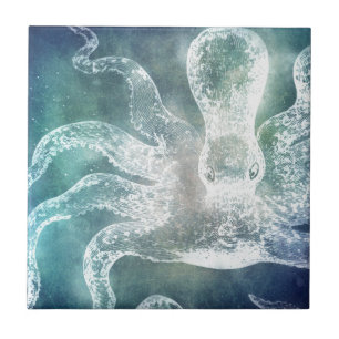 Octopus Midnight Blue Blauwgroen Waterverf kunst Tegeltje
