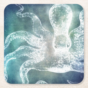 Octopus Midnight Blue Blauwgroen Waterverf kunst Vierkante Kartonnen Onderzetter