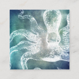 Octopus Midnight Blue Blauwgroen Waterverf kunst Vierkante Visitekaartje