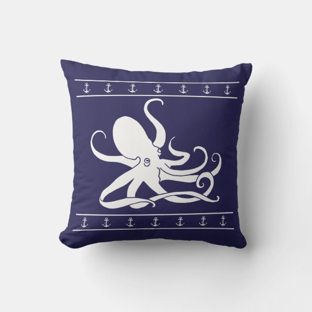 Octopus Nautical Anchor navy Blue Sierkussen (Voorkant)
