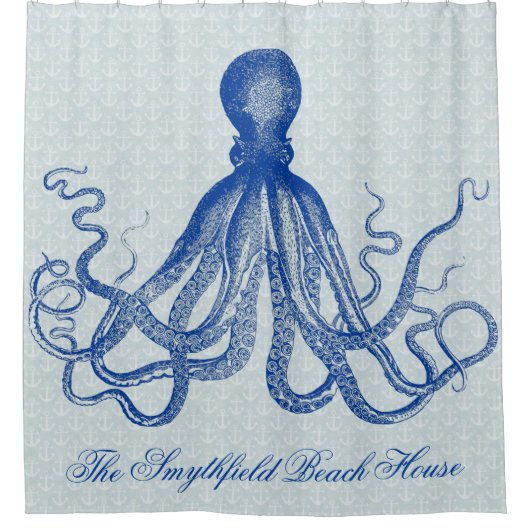 Octopus Nautical Beach House Anchors Blue Douchegordijn (Voorkant)