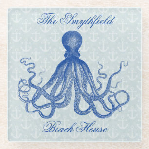 Octopus Nautical Beach House Blue Anchors Glazen Onderzetter