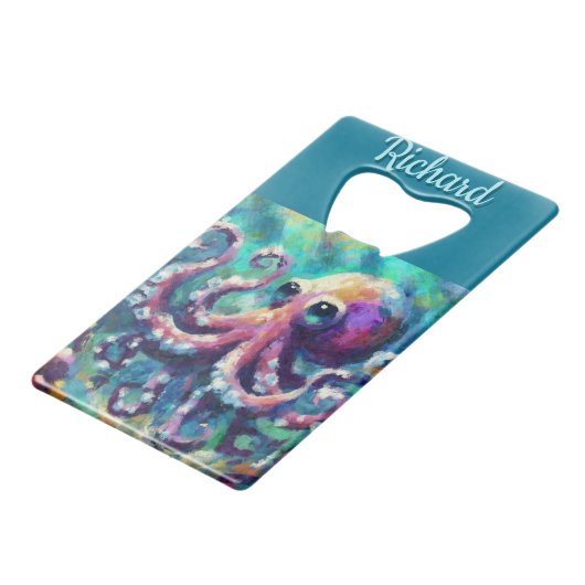 Octopus Nautisch Strand Kust gepersonaliseerd Kredietkaart Flessenopener (Voorkant Gekanteld)
