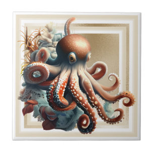 Octopus nautische marine zee gouden sinaasappel gl tegeltje