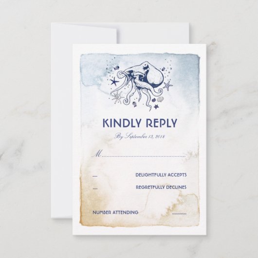 Octopus Nautische Navy Waterverven Wedding RSVP (Voorkant)