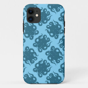 Octopus op blauw patroon iPhone 11 hoesje